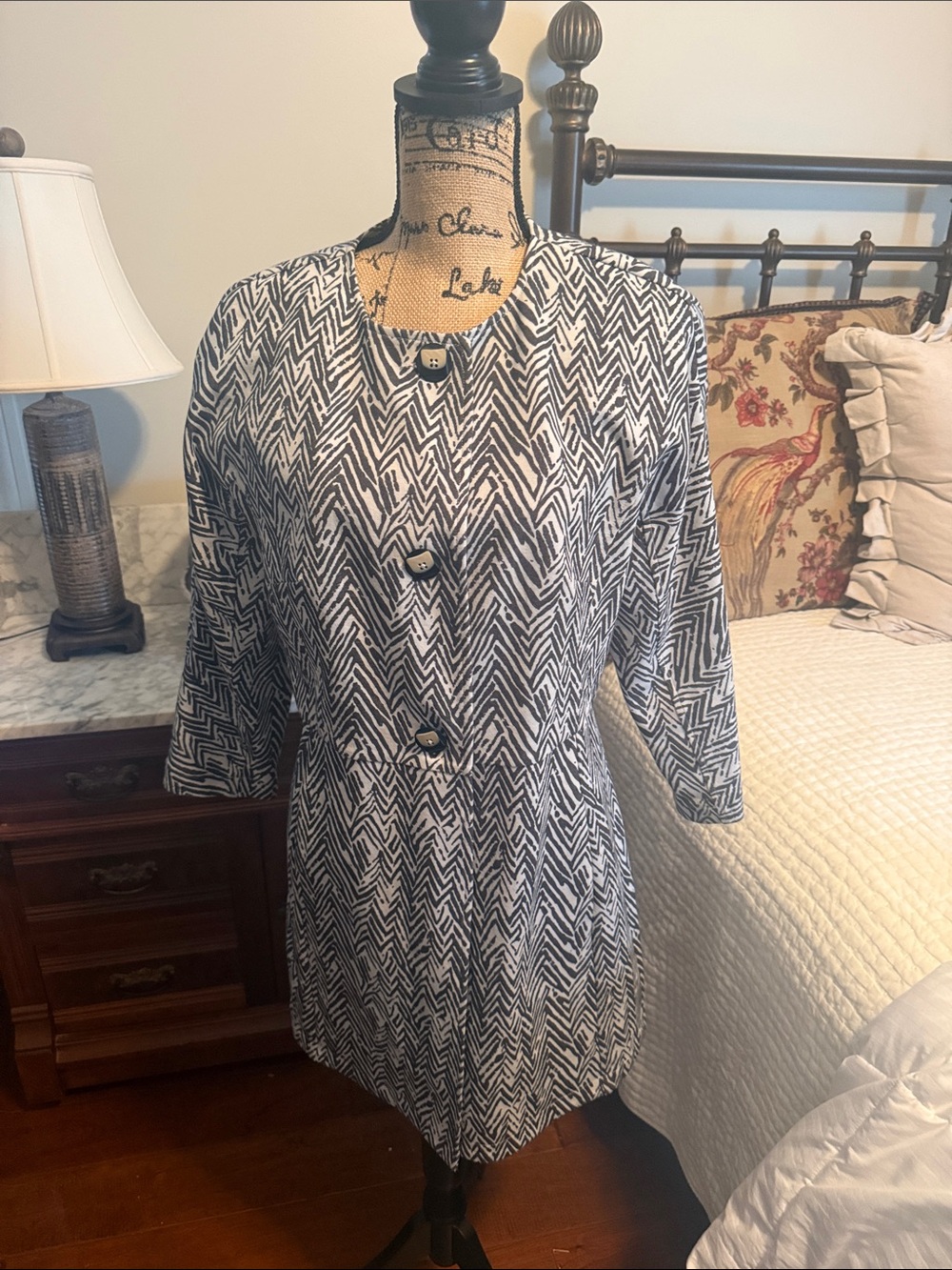 Cabi Black & White Chevron Button Front Coat